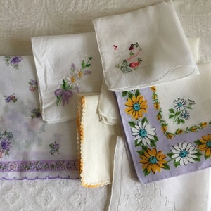 Vintage 7 Handkerchiefs Cotton, Linen Crocheted, Embroidered, Overall Florals, Purples and Yellow, Pulled Thread Open Work Wedding Hankie.
