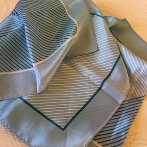 Vintage Rectangular Blue Stripe and Geometric Poly Scarf. Light and Dark Shades of Teal Blue.