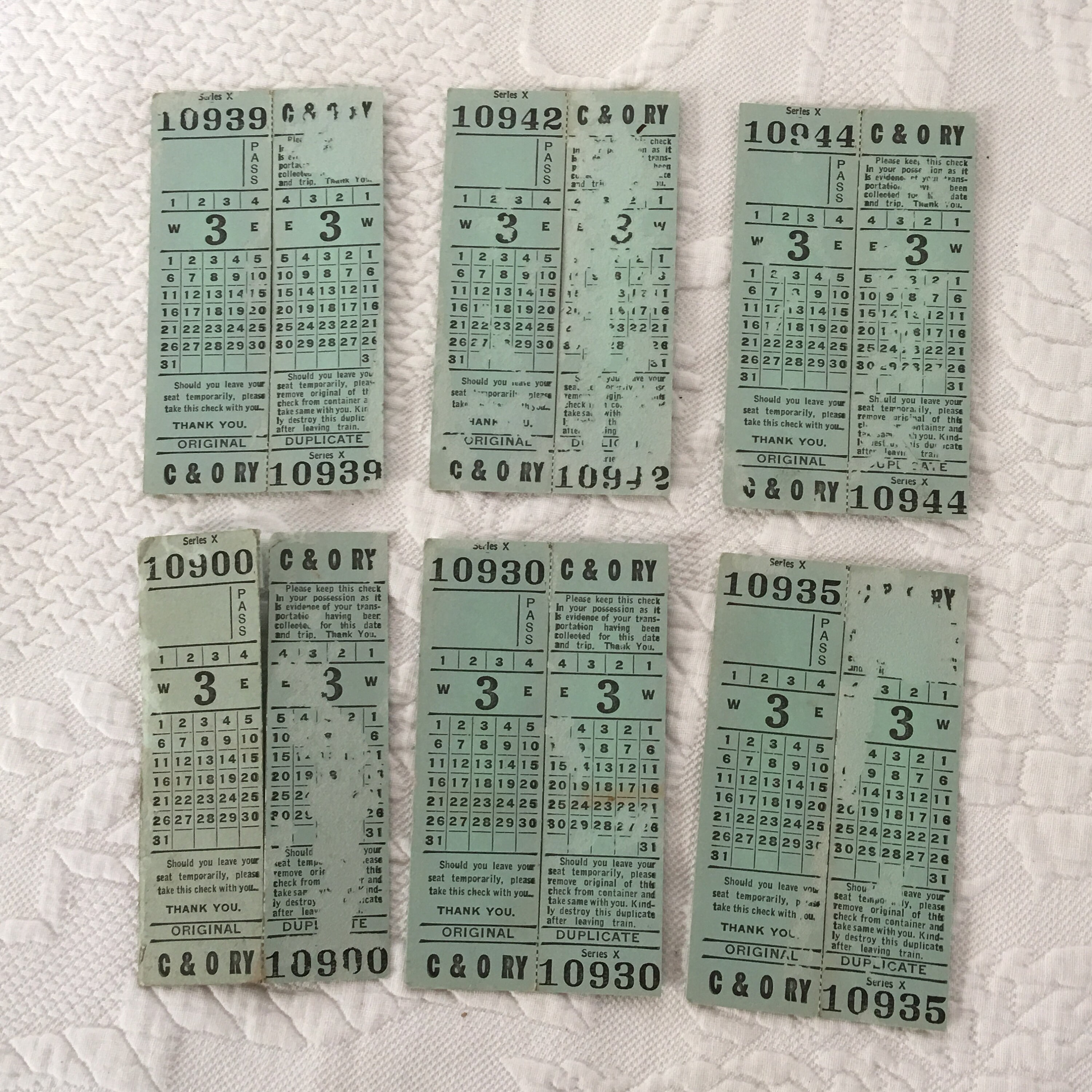 Vintage 6 C & O Railway Original Tickets. Series X Ticket 