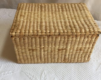 Vintage Woven Grass Storage Basket with Metal Frame on Lid and Container with Cotton Lining. Lid is Not on a Hinge. Organizational Basket.
