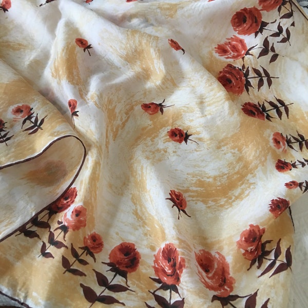 Vintage Brown and Orange Floral Silk Scarf. Orange/Red Roses on Mottled Yellow and White Background. Hand Rolled Hem.