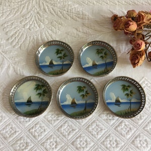 Vintage 5 Japanese Drink Coasters. Hand Painted Scene on Glass Insert in Openwork Metal Rims. Charming Small Coasters.