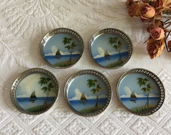 Vintage 5 Japanese Drink Coasters. Hand Painted Scene on Glass Insert in Openwork Metal Rims. Charming Small Coasters.