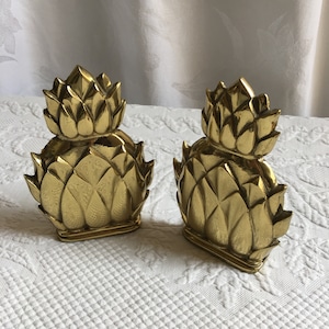 Vintage Newport Ananas Buchstützen aus massivem Messing. Ein Paar Welcome Pineapple Büro oder Bibliothek Buchstützen.