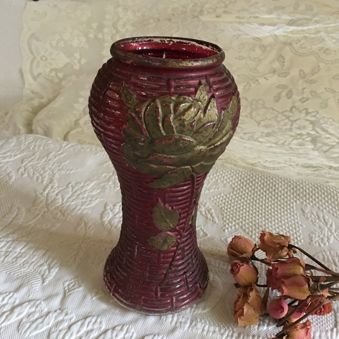 Antique Victorian Painted Glass Vase. Gold Rose on Red Basket Weave