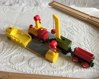 Vintage Brio Train Station with Wood Train Set Engine, Coal Car and Crane Car. Crane Raises and Lowers its Boom. Magnetic Train Cars.