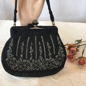 Vintage Seed Bead Black Evening Purse. Tiny Marcasite and Silver Seed Beads. French Purse Art Deco Flip Latch. 2 Pockets Half Circle Mirror.