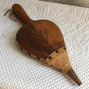 Vintage Carved Bellows. Wood Leather & Copper Bellows. Rustic With Carved Fire Design and Hammered Hobnails. Charming Display Piece.