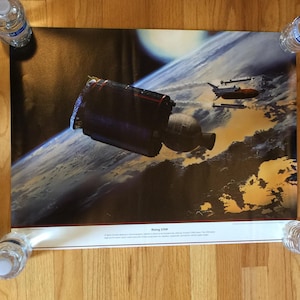 Póster vintage de Rising STAR de 1991, 61 x 45 cm. El Star es un satélite de comunicaciones desplegado por el transbordador espacial, a punto de ser lanzado a órbita.