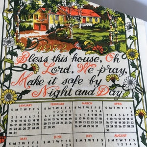 Vintage 1972 Tea Towel. Bless This House With Picture of a Yellow House With Orange Roof, Green Yard. Words and Prayer. Vintage Kitchen.