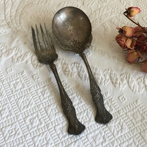 Antique 1847 Triple Silver Plate Serving Spoon and Fork in Grape Pattern. 19th Century Serving Meat Fork and Large Serving Spoon. Charming.