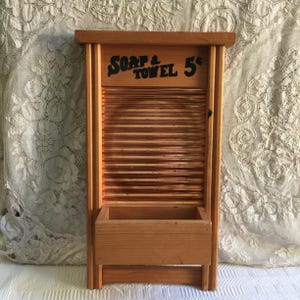 Vintage Copper Washboard Wall Hanging w/ Built-In Box for Collectibles. Board Says Soap & Towel 5 Cents. Use for Laundry Room Wall Hanging.