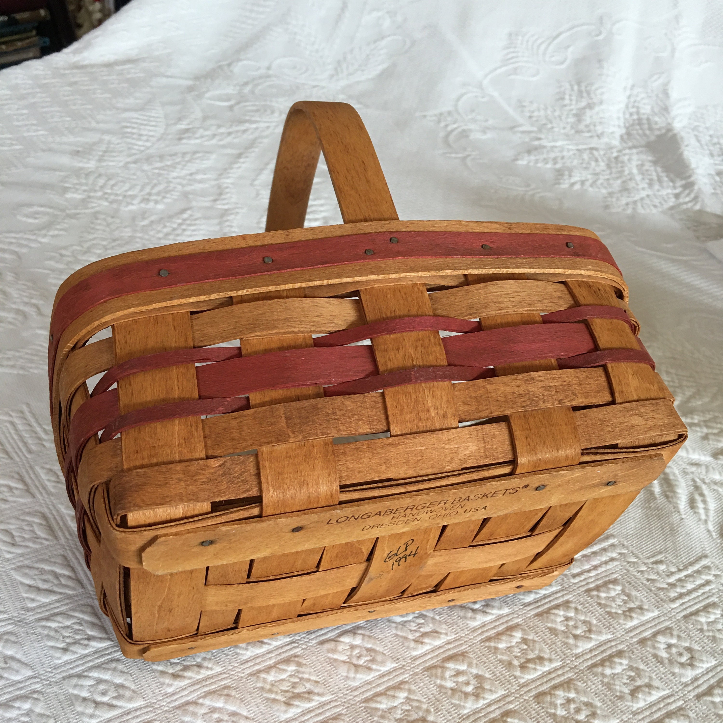Vintage 1994 Longaberger Market Style Basket With Woven Red