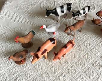 Vintage Rubber Animals and Noah's Ark. Two Cows, Pigs, Geese, One Goat, Rooster, Turkey and Duck. Wooden Ark Animals Fit Inside.