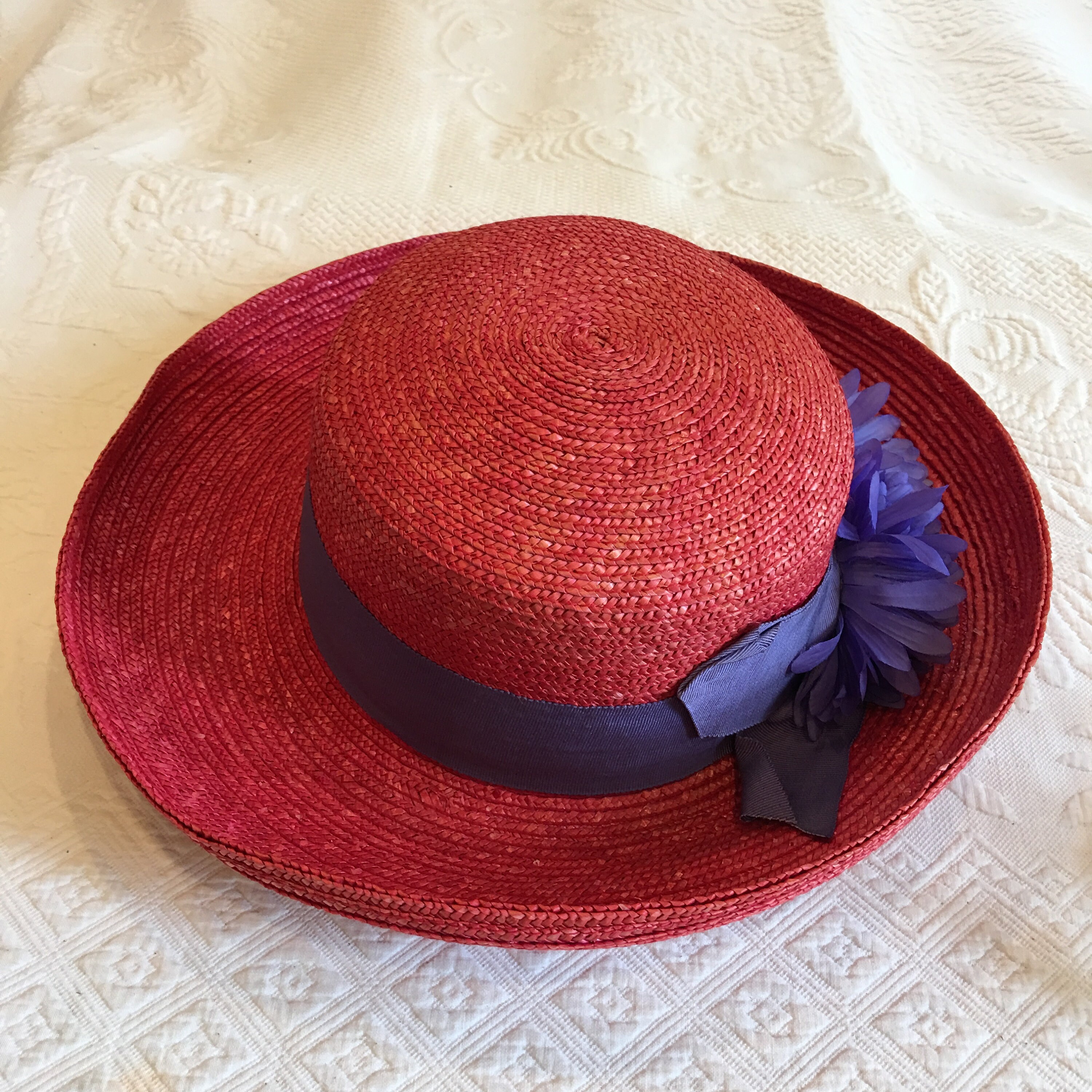 Vintage Betmar New York Red Fedora Straw Hat. Purple Silk  display picture 3
