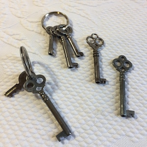 May include: Several antique skeleton keys, some on a metal ring, are arranged on a white, textured surface. The keys vary in size and design, with ornate, decorative heads and long, slender stems. The keys are made of a silver-colored metal.