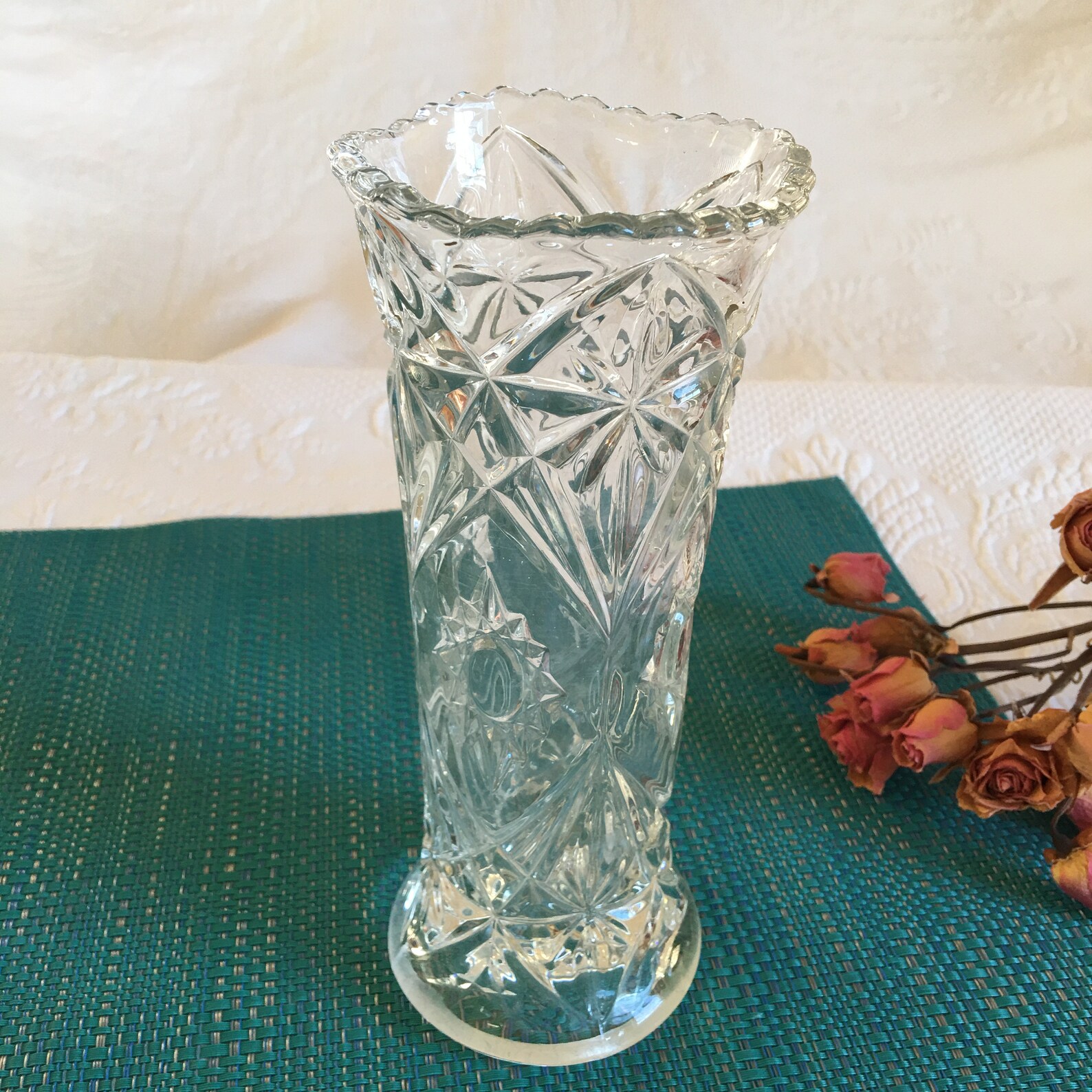 Vintage Clear Crystal Vase With Starburst Designs and Diamond Etsy