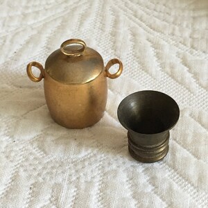 Vintage Doll House Mini Spittoon and Brass Ice Bucket for Doll House Accents. Brass Pot with Lid and Spittoon in Miniature.