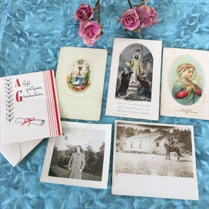 Antike Karten und Bilder. Schaltung Reiter Bild, 1950er Jahre Lady, viktorianische Karte unbenutzt, 2 religiöse Karten, 50er Jahre Abschluss-Geschenk-Karte.