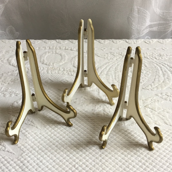 Vintage Plastic Picture Stand. White Plastic with Gold Front Edge. Use in Home and Office to Display Decorative Plates, Trivets, Photos.