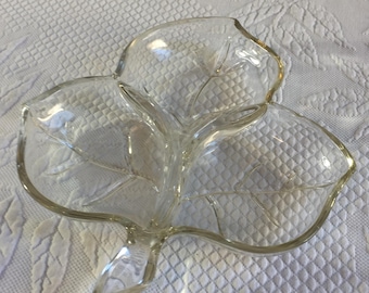 Vintage Leaf Dish Three Sections, for Condiment Server or Trinket Collector Dish for the Table or Dresser. Pressed Glass Leaf w/ Veins.