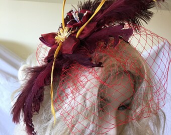 Fascinator With Poppy and Red Sheer Flower With Ostrich and Curly Red Feathers. Red Bird Cage Veil. Headband, Clip On. Yellow Biot Feathers.