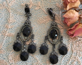 Costuming Chandelier Victorian Style Earrings. Pierced Earrings in Black and Rhinestones. Choice of Style.