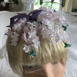 Vintage 1950s Purple or Aqua Veiled Hat. Hydrangea Type White Lavender Flowers and Purple Bow or Choose Large Aqua Bow with Netting.