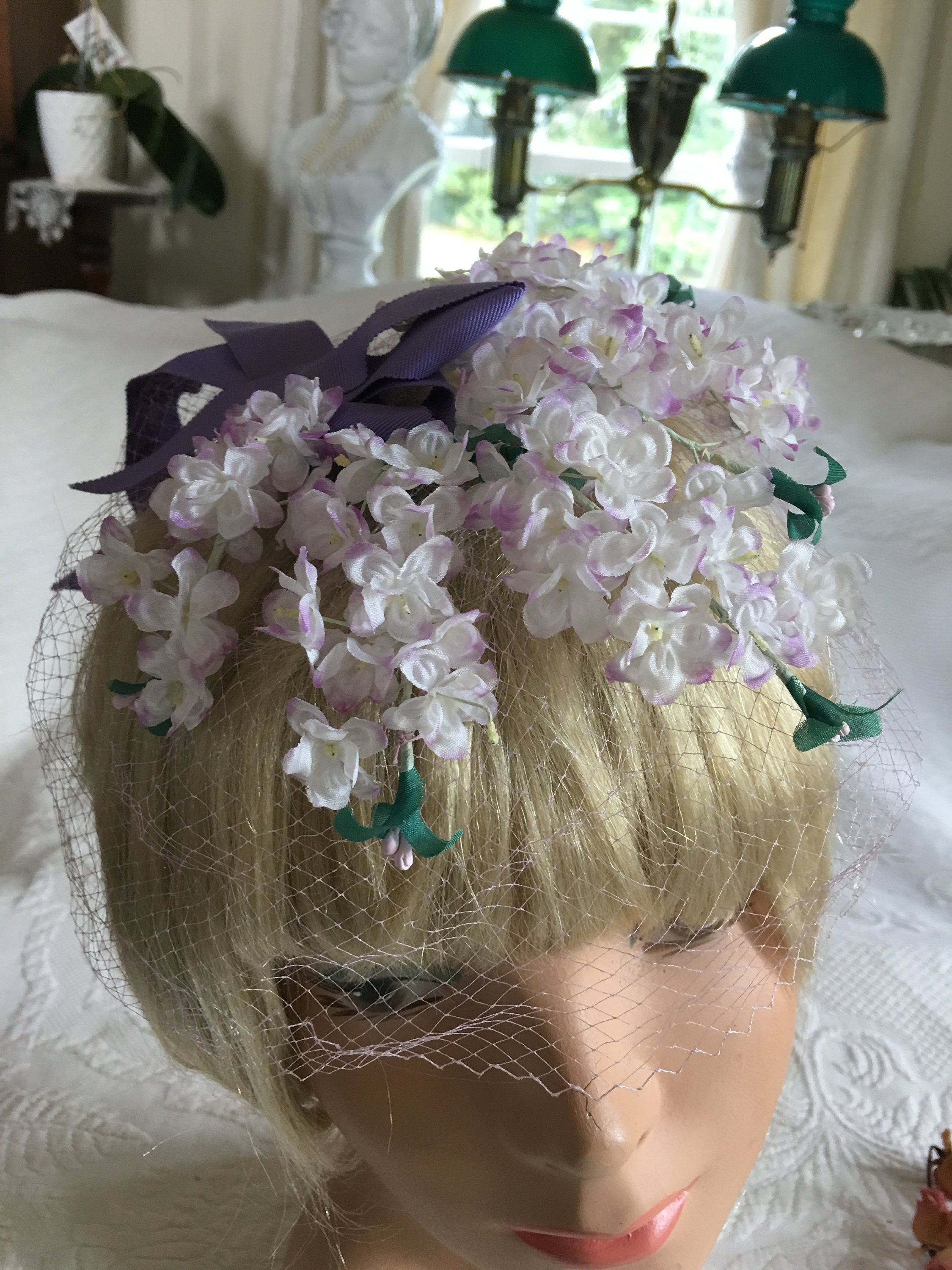 Vintage 50s/60s Purple Floral Hat with netting‎ ties Purple Original Vintage Hats for Women for sale | eBay main image 2