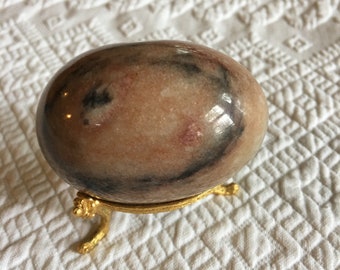 Vintage Brown and Beige Marble Egg. Interesting Design Marble Egg on Gold Egg Shaped Three Legged Stand.
