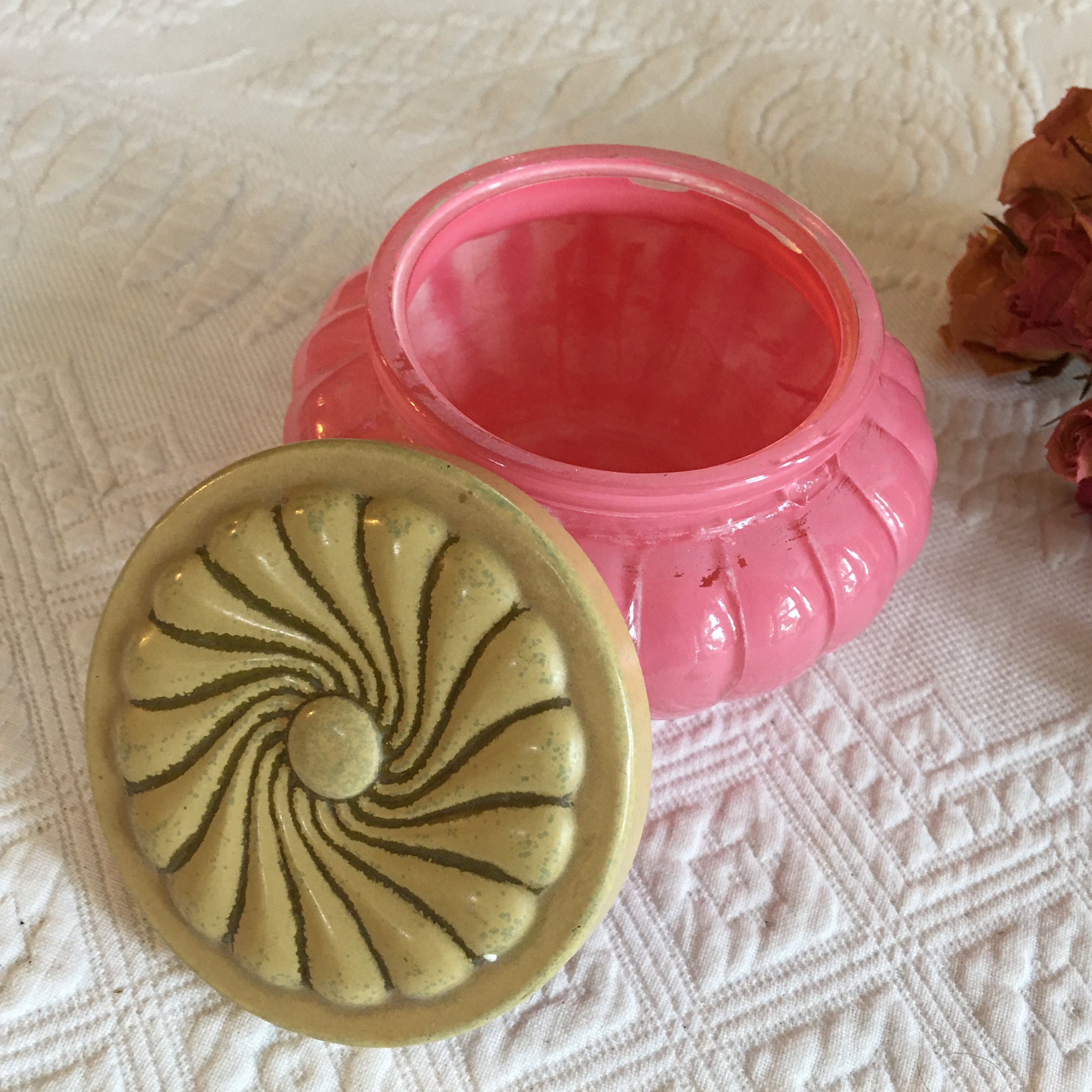 Vintage Pink Glass Dresser Dish With Floral Design Lid Design Etsy
