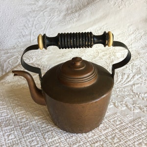 Antique Copper Tea Kettle With Wooden Ridged Black and White Handle. 56 oz. Copper Teapot in Charming Shape.