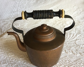 Antique Copper Tea Kettle With Wooden Ridged Black and White Handle. 56 oz. Copper Teapot in Charming Shape.