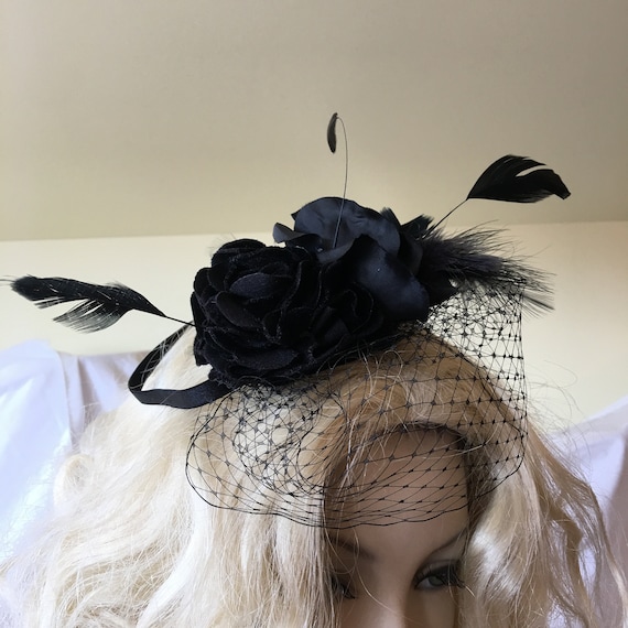 Large Velvet Fascinator Hat with Veil and Feathers for Special Occasions Velvet Fascinator - Etsy main image 3