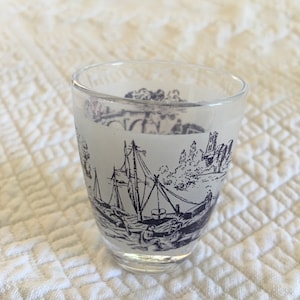 Vintage French Shot Glass with Frosted Finish and Victorian Images. Horses and Carriage by River and Bridge with Docked Boat. France.