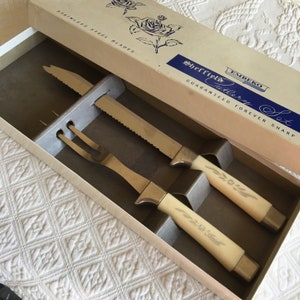 Vintage Sheffield Cutlery Set. Emdeko Stainless Steel Blades and Celluloid Handles. Guaranteed Forever Sharp. Serrated Knife.