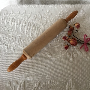Vintage Hand Turned Roller Rolling Pin. Wooden Rolling Pin With Replaced Roller With No Finish. Double Grove Decorations on Handles.