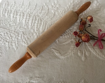 Vintage Hand Turned Roller Rolling Pin. Wooden Rolling Pin With Replaced Roller With No Finish. Double Grove Decorations on Handles.