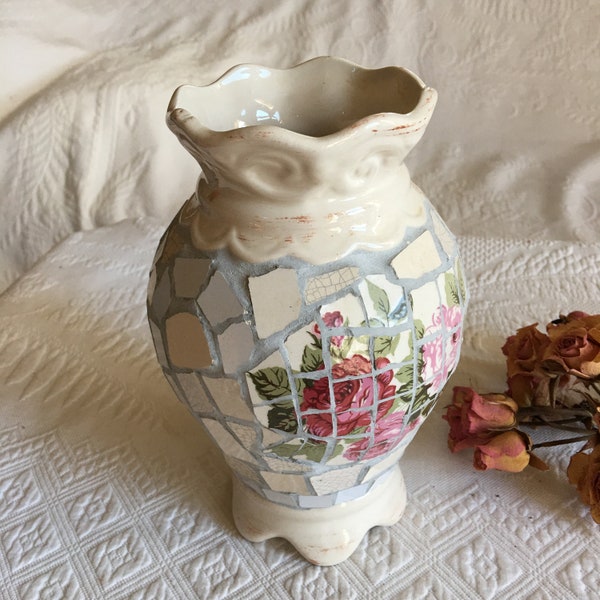 Vintage Ceramic Vase With Broken China Pieces for Design. Scalloped Top and Bottom Edges. Flower Designs on Sides.