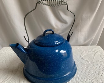 Vintage Blue and White Spatterware Tea Kittle. Great for Use on a Camp Stove or in Your Kitchen. Great for Display.