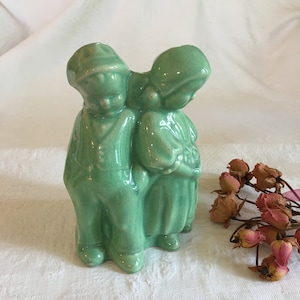Vintage Ceramic Holland Planter Pot. Boy and Girl Figurine Planter in Green. Dutch Boy and Girl with Planter Behind.