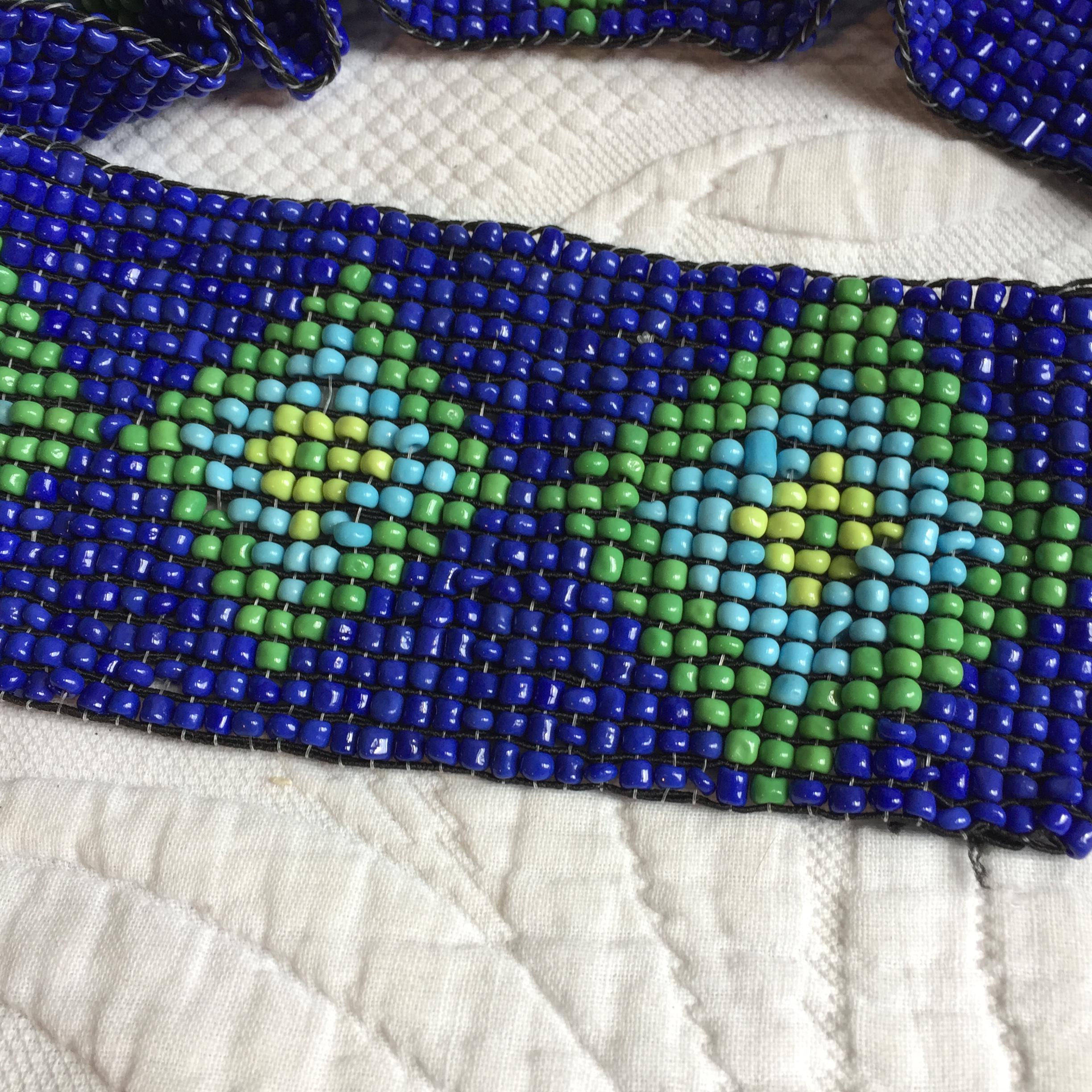 Vintage Southwestern Geometric Beaded Stretch Belt - Blue & Green Diamond Patter Boho Hippie Beaded Stretch Belt Wide Blue Tribal Geometric  main image 4