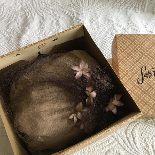 Vintage Brown Net Silk Floral Hat. Veil Can Completely Cover Face or Wear to Back Over Hair. Lovely Light Brown Veiling Hat Silk Flowers.
