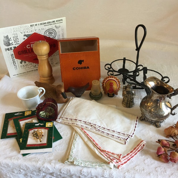 Vintage Grab Bag Collection of 19 Vintage Items to Use in Crafting. S & P Shakers, Holders, Napkins, Teapot, Cigar Box, Mini Tree Ornaments.
