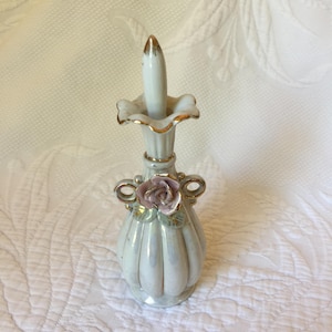Vintage Porcelain Iridescent Finish White Bottle with Gold Trim with Pink Rose and Green Leaves. Made in Japan.