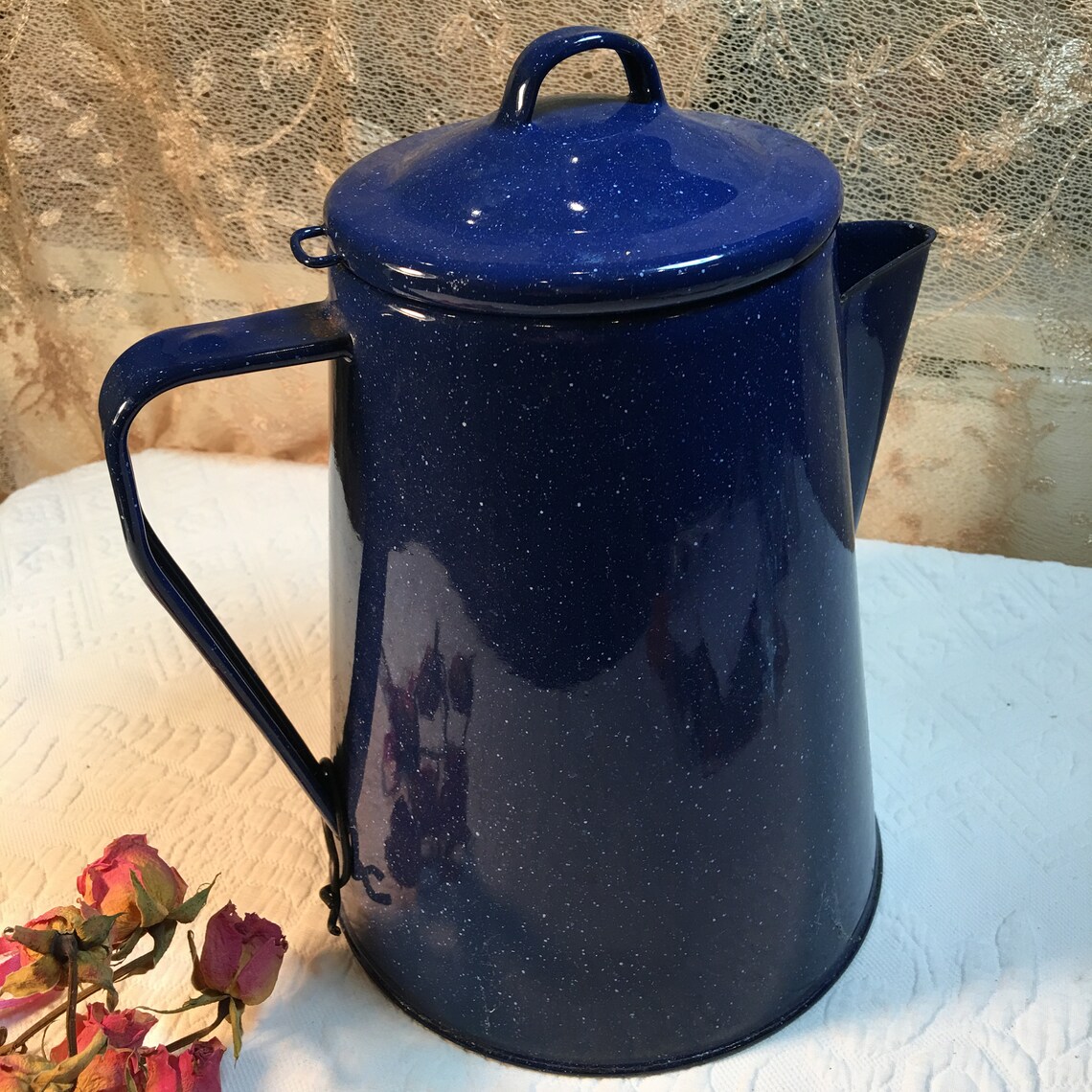 Vintage Enamelware Coffee Pot. Dark Blue Enamel With White Etsy