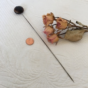 Vintage Round Nut Hat Pin. Brown Shaded Round Tropical Nut on Top of Hat Pin.