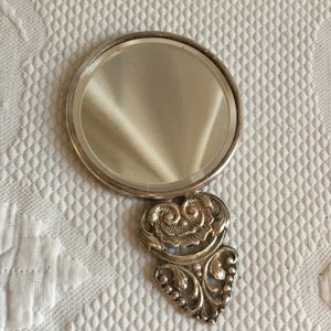 Antique Art Nouveau EPNS Denmark Small Hand Mirror. Charming Etched Swirling Designs on Back, Beveled Glass on Front. Fancy Handle.