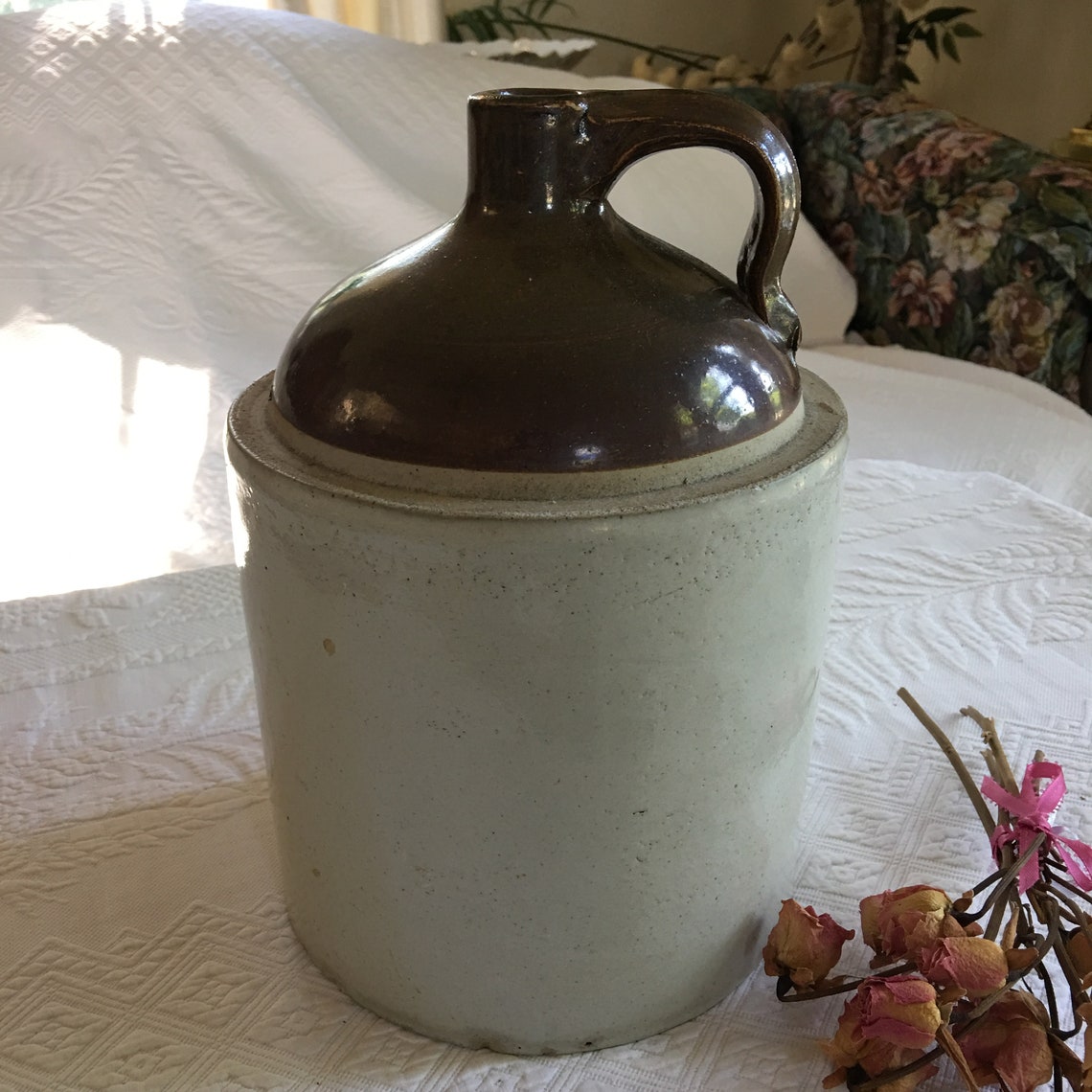 Antique Brown Jug With Handle. Brown and Tan Whiskey Pottery Etsy