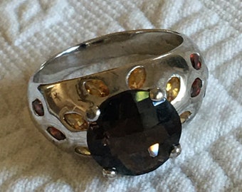 Vintage JS 925 Multi Stone Ring from Thailand. Large Smoky Quartz, 8 Citrines and 6 Garnets in Sterling Silver. Size 11.